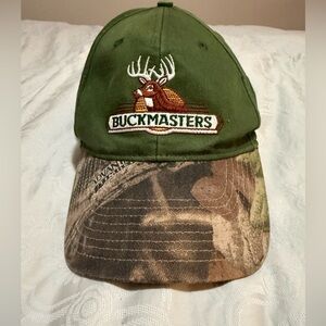 Buckmasters Camo Cap Hat Hunting Green Camouflaged Brim Hunter Logo Strap Back